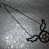 Red and Black Acrylic Pentagram Necklace with Bat Wings and Inverted Cross - Thumbnail 3