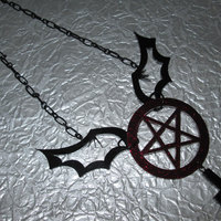 Red and Black Acrylic Pentagram Necklace with Bat Wings and Inverted Cross - Thumbnail 2