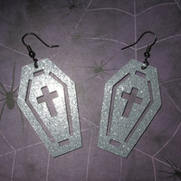 Silver Acrylic Coffin Earrings with Crucifix and Border Cutout - Thumbnail 1