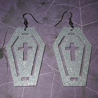 Silver Acrylic Coffin Earrings with Crucifix and Border Cutout - Thumbnail 3