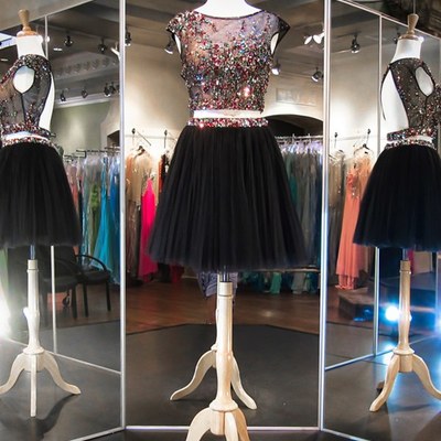 Prom dresses with short sleeve,black a-line scoop short/mini tulle homecoming dresses/short prom dresses 1428