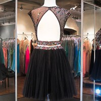 prom dresses with short sleeve,Black A-line Scoop Short/Mini Tulle Homecoming Dresses/Short Prom Dresses 1428 - Thumbnail 1