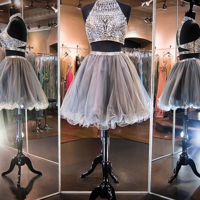 2 pieces prom dresses,grey a-line high neck sleeveless short/mini tulle homecoming dresses/short prom dresses 1427