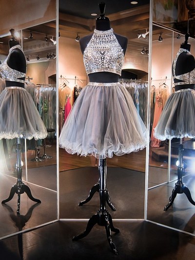 2 pieces prom dresses,Grey A-line High Neck Sleeveless Short/Mini Tulle Homecoming Dresses/Short Prom Dresses 1427
