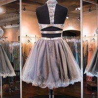 2 pieces prom dresses,Grey A-line High Neck Sleeveless Short/Mini Tulle Homecoming Dresses/Short Prom Dresses 1427 - Thumbnail 1