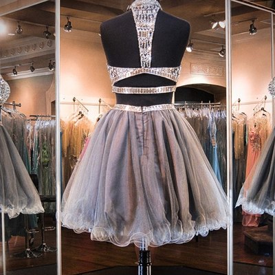 2 pieces prom dresses,grey a-line high neck sleeveless short/mini tulle homecoming dresses/short prom dresses 1427