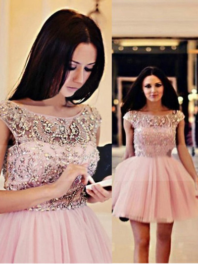 sparkly prom dresses,Pink A-line Scoop Short Mini Tulle Homecoming Dresses Cocktail Dresses 097