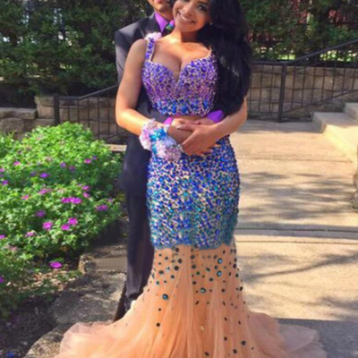 2 pieces prom dresses,colorful trumpet/mermaid straps rhinestones floor-length tulle prom dresses evening dresses 8762