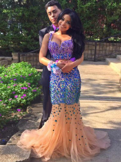 2 pieces prom dresses,Colorful Trumpet/Mermaid Straps Rhinestones Floor-length Tulle Prom Dresses Evening Dresses 8762