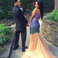 2 pieces prom dresses,Colorful Trumpet/Mermaid Straps Rhinestones Floor-length Tulle Prom Dresses Evening Dresses 8762 - Thumbnail 1