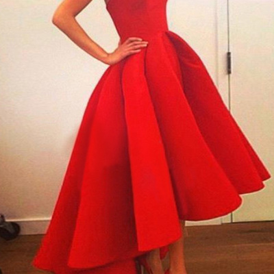 High low prom dresses,red a-line sweetheart asymmetrical satin prom dresses evening dresses 8764
