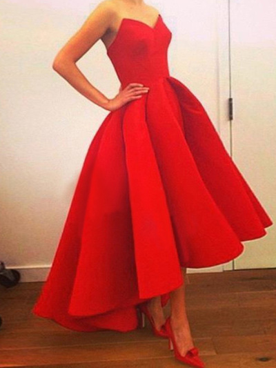 high low prom dresses,Red A-line Sweetheart Asymmetrical Satin Prom Dresses Evening Dresses 8764