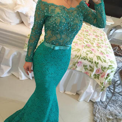 Lace prom dresses,hunter mermaid off-the-shoulder floor-length tulle prom dresses evening dresses 8766