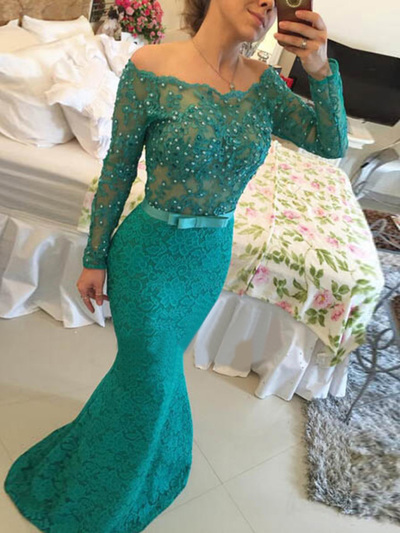 lace prom dresses,Hunter Mermaid Off-the-shoulder Floor-length Tulle Prom Dresses Evening Dresses 8766
