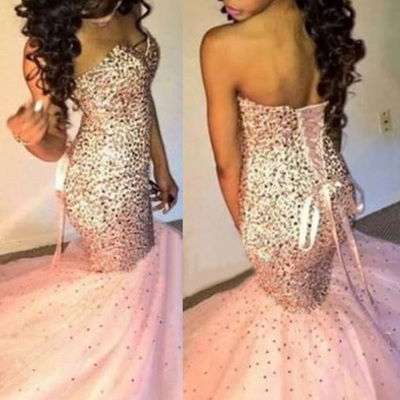 Beautiful prom dresses,pearl pink mermaid sweetheart rhinestones floor-length tulle prom dresses evening dresses 8767