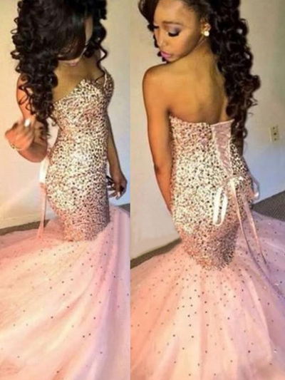 beautiful prom dresses,Pearl Pink Mermaid Sweetheart Rhinestones Floor-length Tulle Prom Dresses Evening Dresses 8767