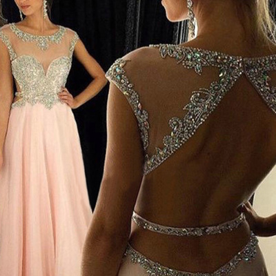 Backless prom dresses,pink a-line scoop floor-length chiffon prom dresses evening dresses 8768