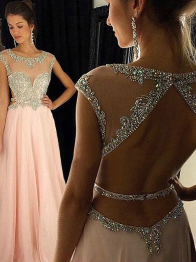 backless prom dresses,Pink A-line Scoop Floor-length Chiffon Prom Dresses Evening Dresses 8768
