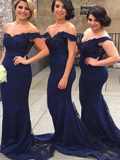 sexy prom dresses,Dark Blue Mermaid Off-the-shoulder Floor-length Chiffon Prom Dresses Evening Dresses 8770