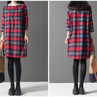 L-3XL Red/Green Loose Retro Grid Long Sleeve Dress SP165611 - Thumbnail 1