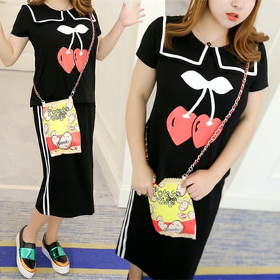 Xl-4xl black sailor collar cherry printing two piece set sp165976