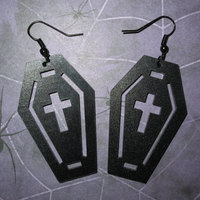 Black Acrylic Coffin Earrings with Crucifix and Border Cutout - Thumbnail 1