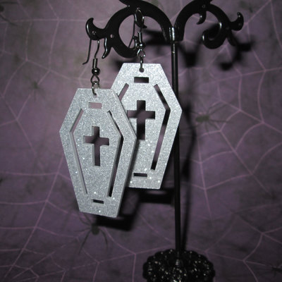 Silver acrylic coffin earrings with crucifix and border cutout