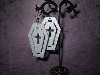 Silver Acrylic Coffin Earrings with Crucifix and Border Cutout