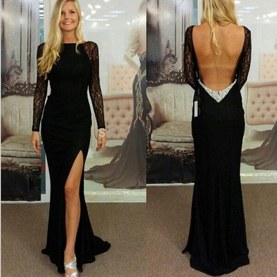 High quality prom dress,long sleeves prom dress,black prom dress,backless prom dress