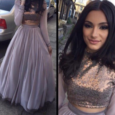 Two piece prom dress,sequin prom dress, long sleeve prom dress, charming prom dress, unique prom dress, evening dress