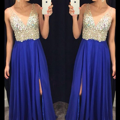 Sexy prom dresses,royal blue a-line v-neck floor-length chiffon prom dresses evening dresses 8774