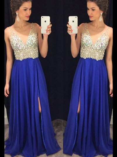 sexy prom dresses,Royal Blue A-line V-neck Floor-length Chiffon Prom Dresses Evening Dresses 8774