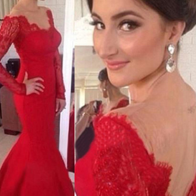 Lace prom dresses,red trumpet/mermaid scoop floor-length chiffon prom dresses evening dresses 8777