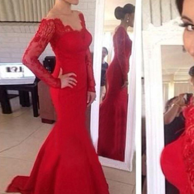 Lace prom dresses,red trumpet/mermaid scoop floor-length chiffon prom dresses evening dresses 8777