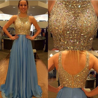 open back prom dresses,Light Sky Blue A-line Scoop Floor-length Chiffon Prom Dresses Evening Dresses 8778 - Thumbnail 1