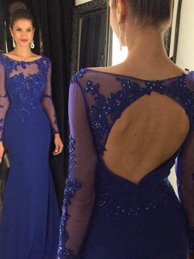 backless prom dresses,Royal Blue Trumpet/Mermaid Scoop Floor-length Chiffon Prom Dresses Evening Dresses 8783