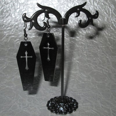 Black acrylic coffin earrings with crucifix cutout