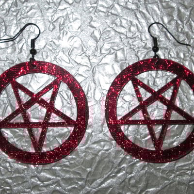 Large red acrylic pentagram earrings