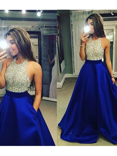 royal blue prom dresses,Royal Blue A-line Halter Floor-length Satin Prom Dresses Evening Dresses 8785