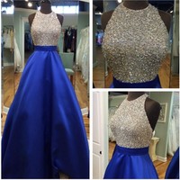 royal blue prom dresses,Royal Blue A-line Halter Floor-length Satin Prom Dresses Evening Dresses 8785 - Thumbnail 1