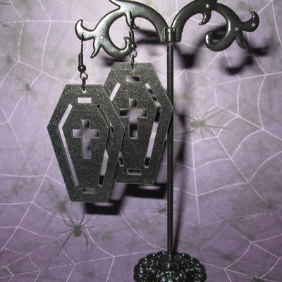 Black acrylic coffin earrings with crucifix and border cutout