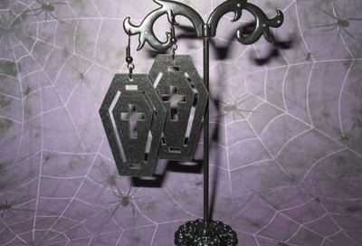 Black Acrylic Coffin Earrings with Crucifix and Border Cutout