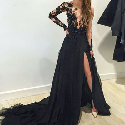 Long prom dresses,black a-line scoop floor-length chiffon prom dresses evening dresses 8791