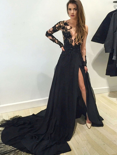 long prom dresses,Black A-line Scoop Floor-length Chiffon Prom Dresses Evening Dresses 8791
