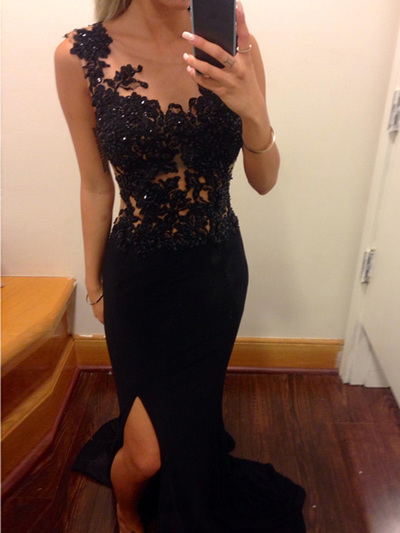 black prom dresses,Black Sheath Scoop Floor-length Chiffon Prom Dresses Evening Dresses 8792