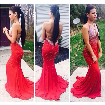 Sexy backless prom dresses,red mermaid halter floor-length chiffon prom dresses evening dresses 8796