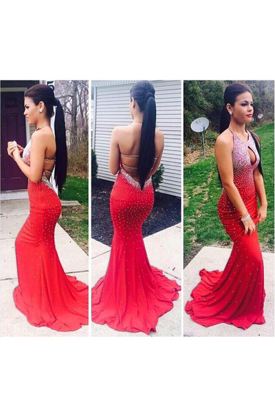 sexy backless prom dresses,Red Mermaid Halter Floor-length Chiffon Prom Dresses Evening Dresses 8796