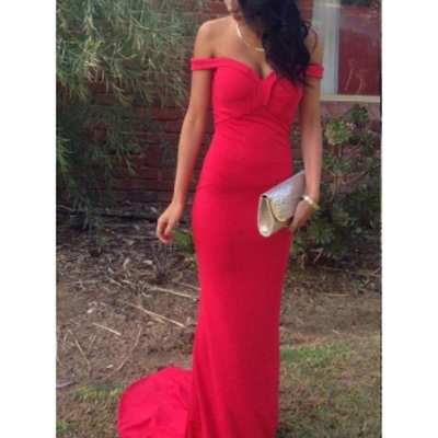 Pretty prom dresses,red sheath column off-the-shoulder floor-length chiffon prom dresses evening dresses 8798