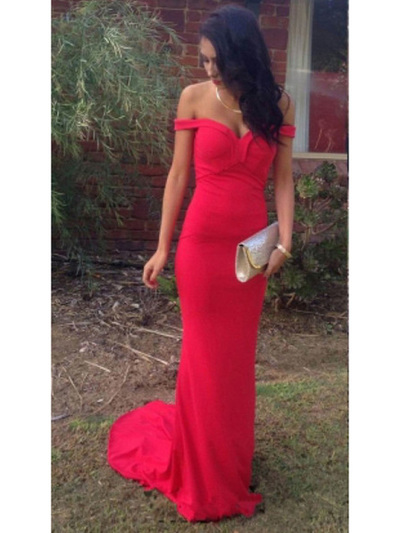 pretty prom dresses,Red Sheath Column Off-the-shoulder Floor-length Chiffon Prom Dresses Evening Dresses 8798