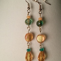 Orange/Peach & Green/Jade Colored Glass Earrings - Thumbnail 1